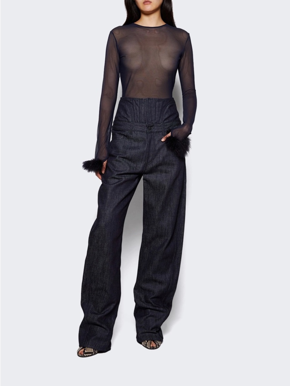 Mugler Dark Corset Navy High-Waist Wide-Leg Jeans